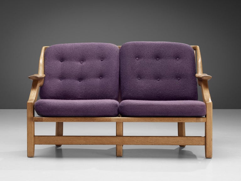 Guillerme & Chambron Sofa in Oak and Purple Upholstery