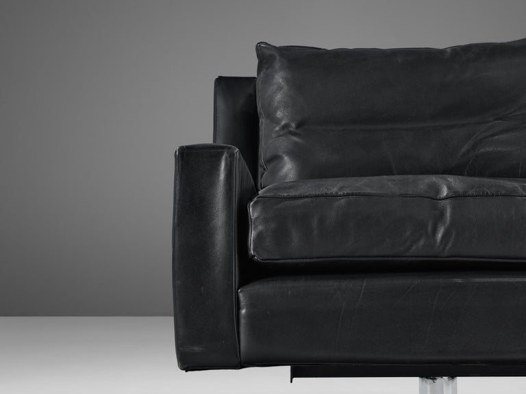 Pair of Swivel Lounge Chairs in Black Leather and Metal