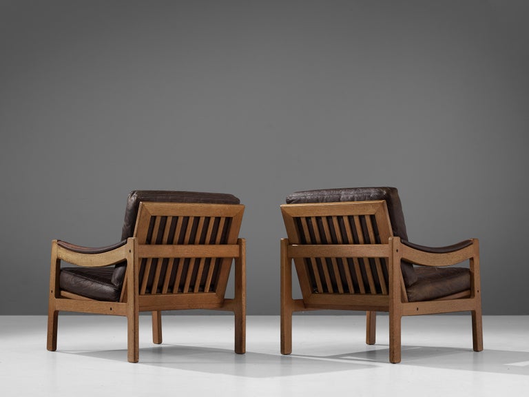 Danish Pair of Lounge Chairs in Brown Leather and Oak
