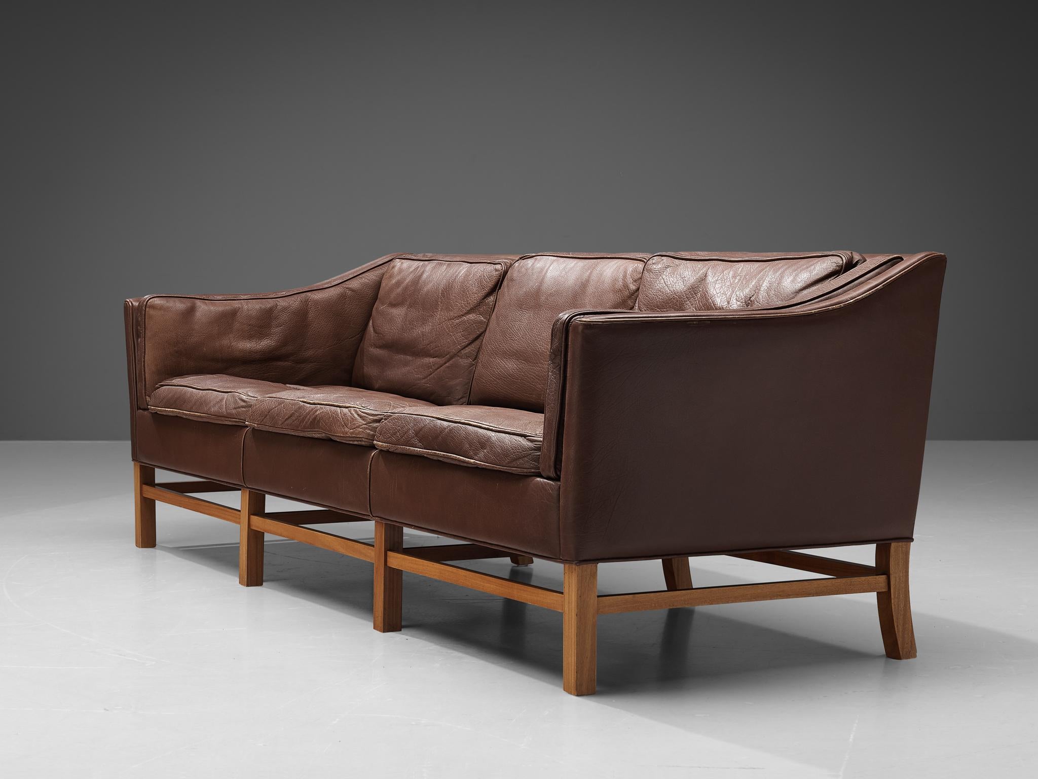 Danish Three Seat Sofa in Umber Leather and Mahogany