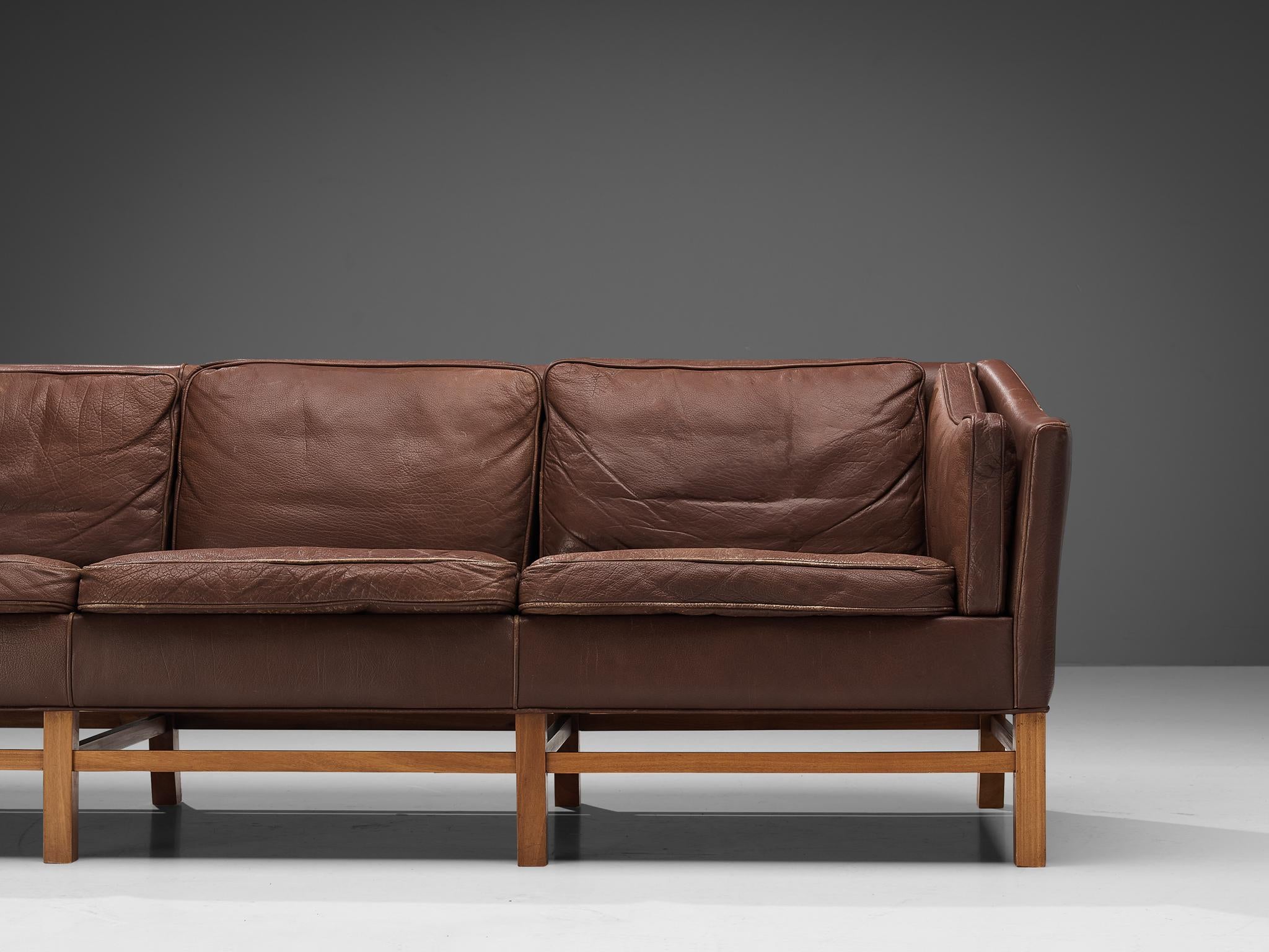 Danish Three Seat Sofa in Umber Leather and Mahogany