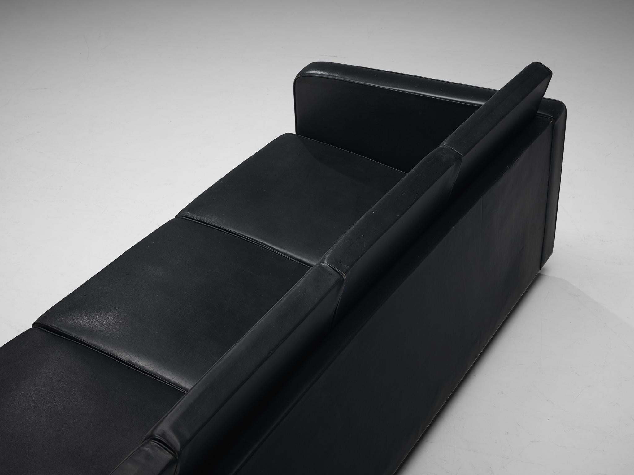 Sleek Four-Seat Danish Sofa in Black Leatherette