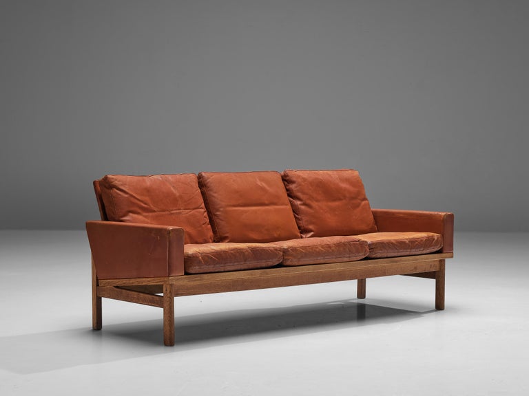 Danish Three Seat Sofa in Red Brown Leather