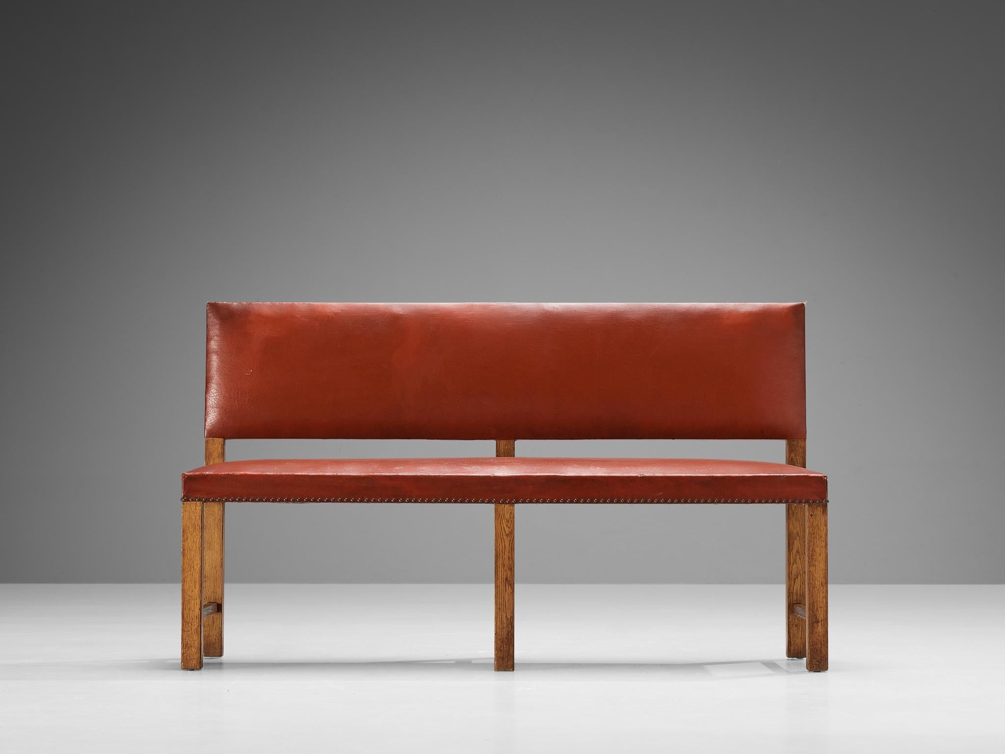 Scandinavian Modern Bench in Oak and Red Upholstery
