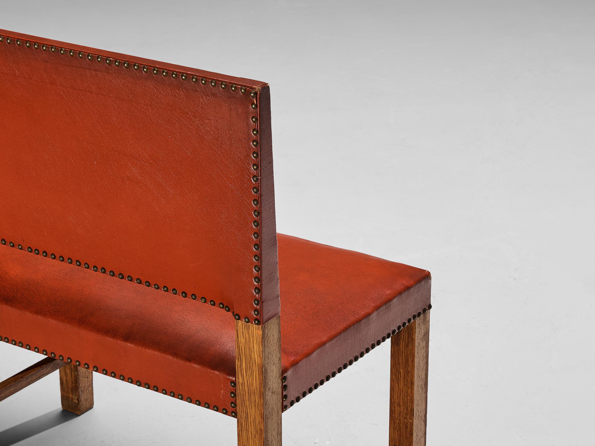 Scandinavian Modern Bench in Oak and Red Upholstery