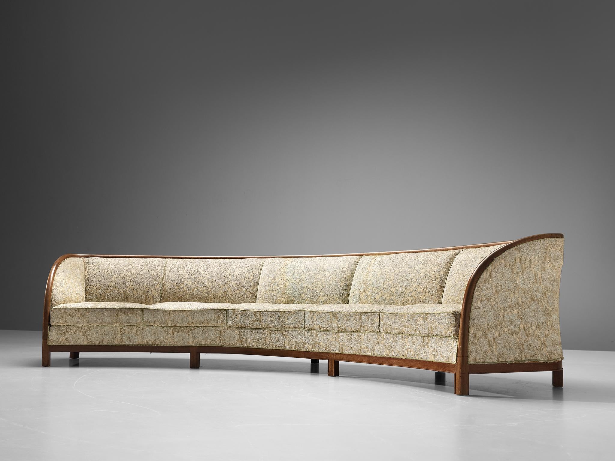 Large Curved Danish Sofa in Light Fabric Upholstery