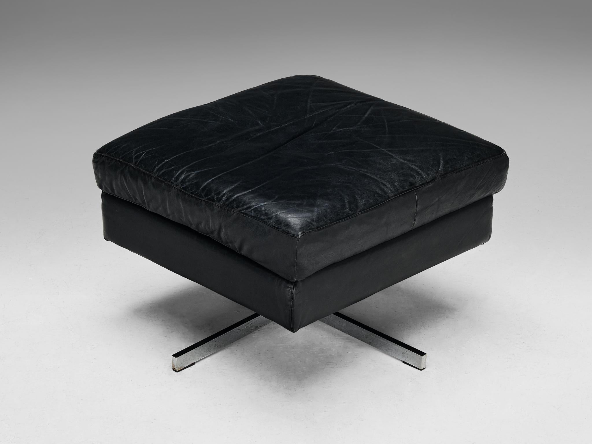 Swivel Ottoman in Black Leather and Steel Base