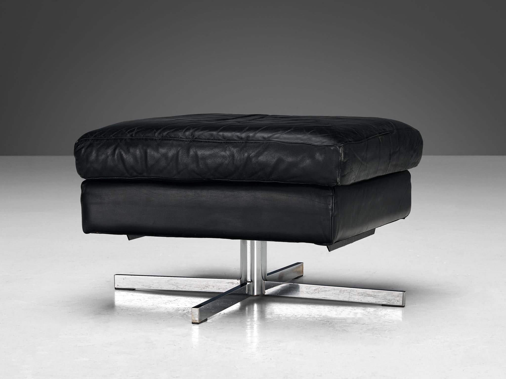 Swivel Ottoman in Black Leather and Steel Base