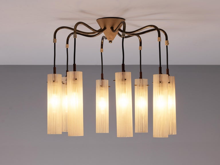Chandelier in Brass and Glass Tubular Shades