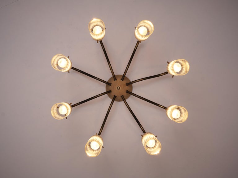 Chandelier in Brass and Glass Tubular Shades