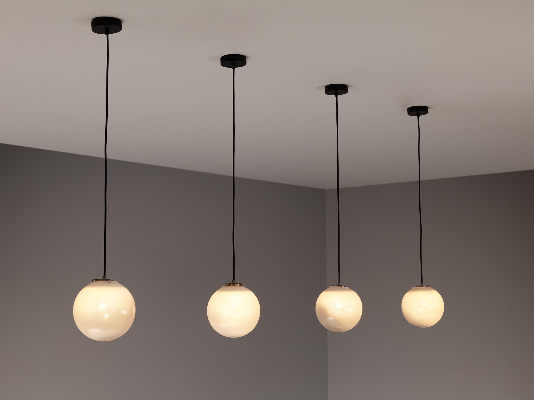 Mid-Century Pendants in White Opaque to Clear Glass
