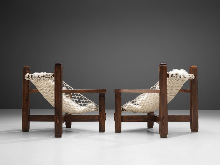 Large Italian Lounge Chair in Stained Pine and Rope Seating
