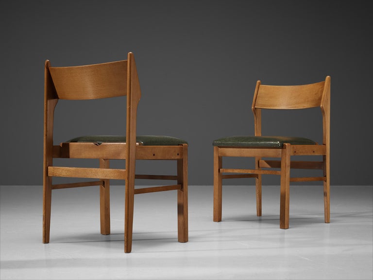 Dutch Set of Twelve Dining Chairs in Wood and Dark Green Leatherette