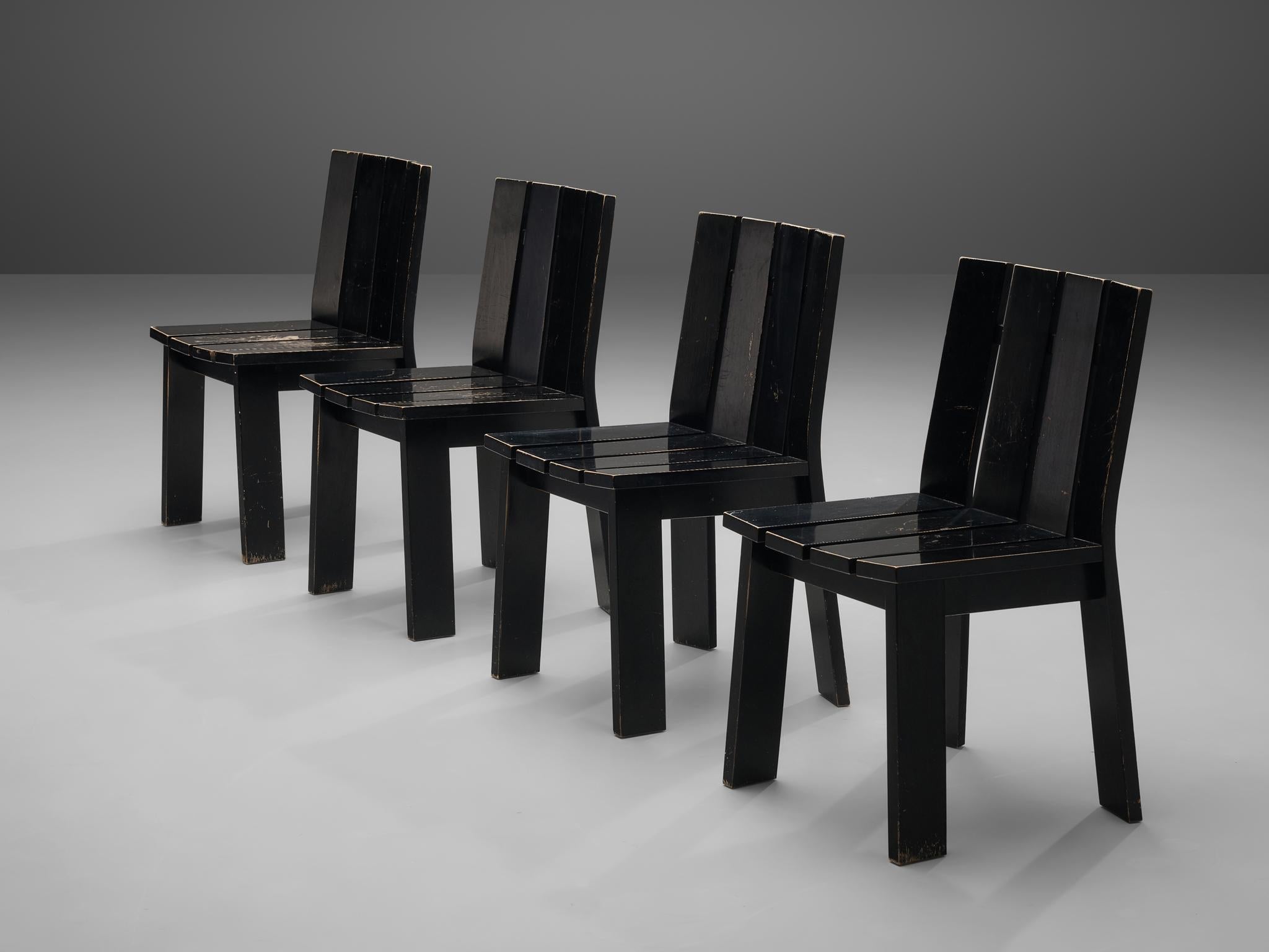 Dutch Set of Four Dining Chairs in Black Lacquered Wood