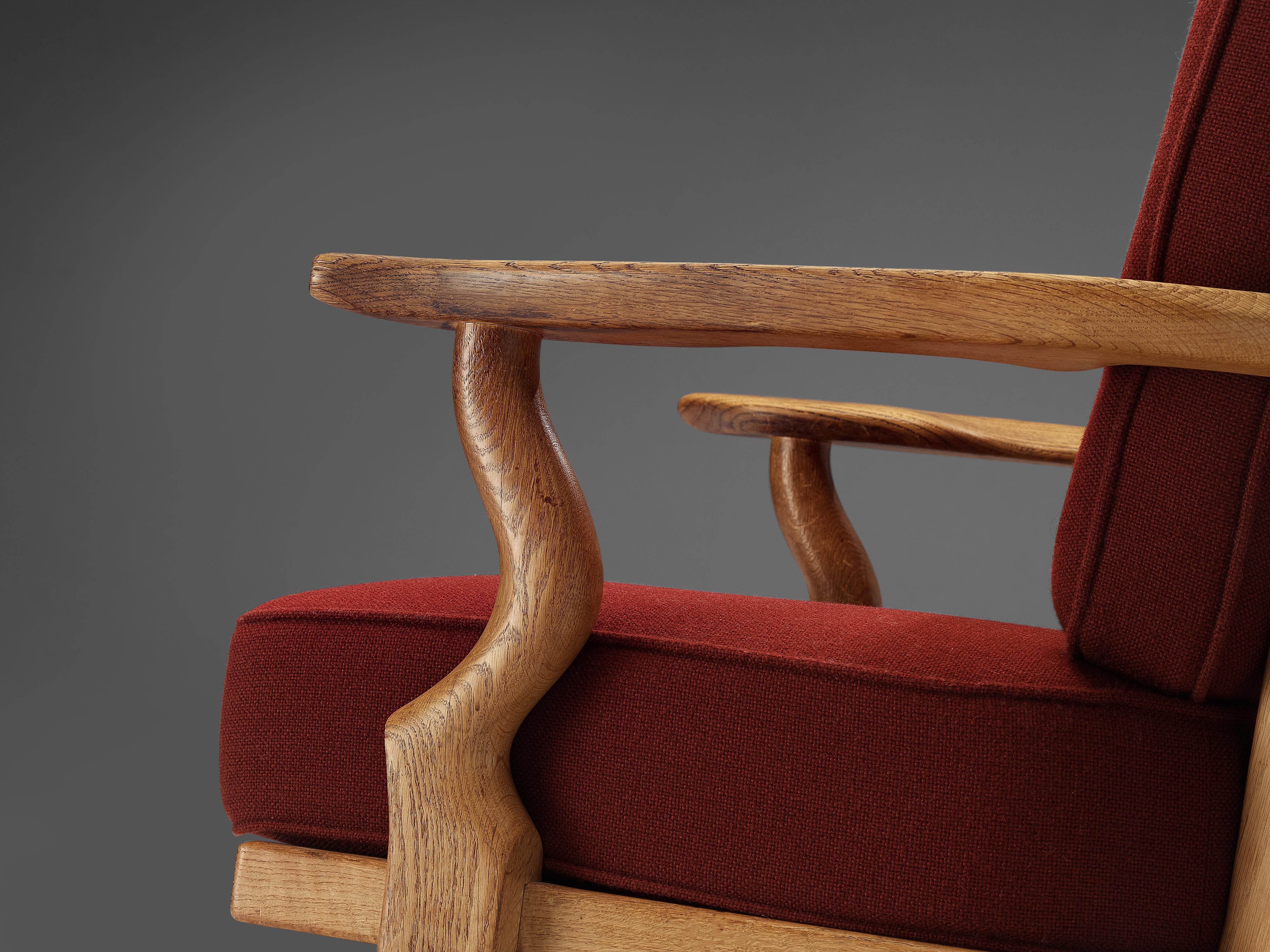 Guillerme & Chambron 'Grand Repos' Lounge Chair in Red Upholstery and Oak
