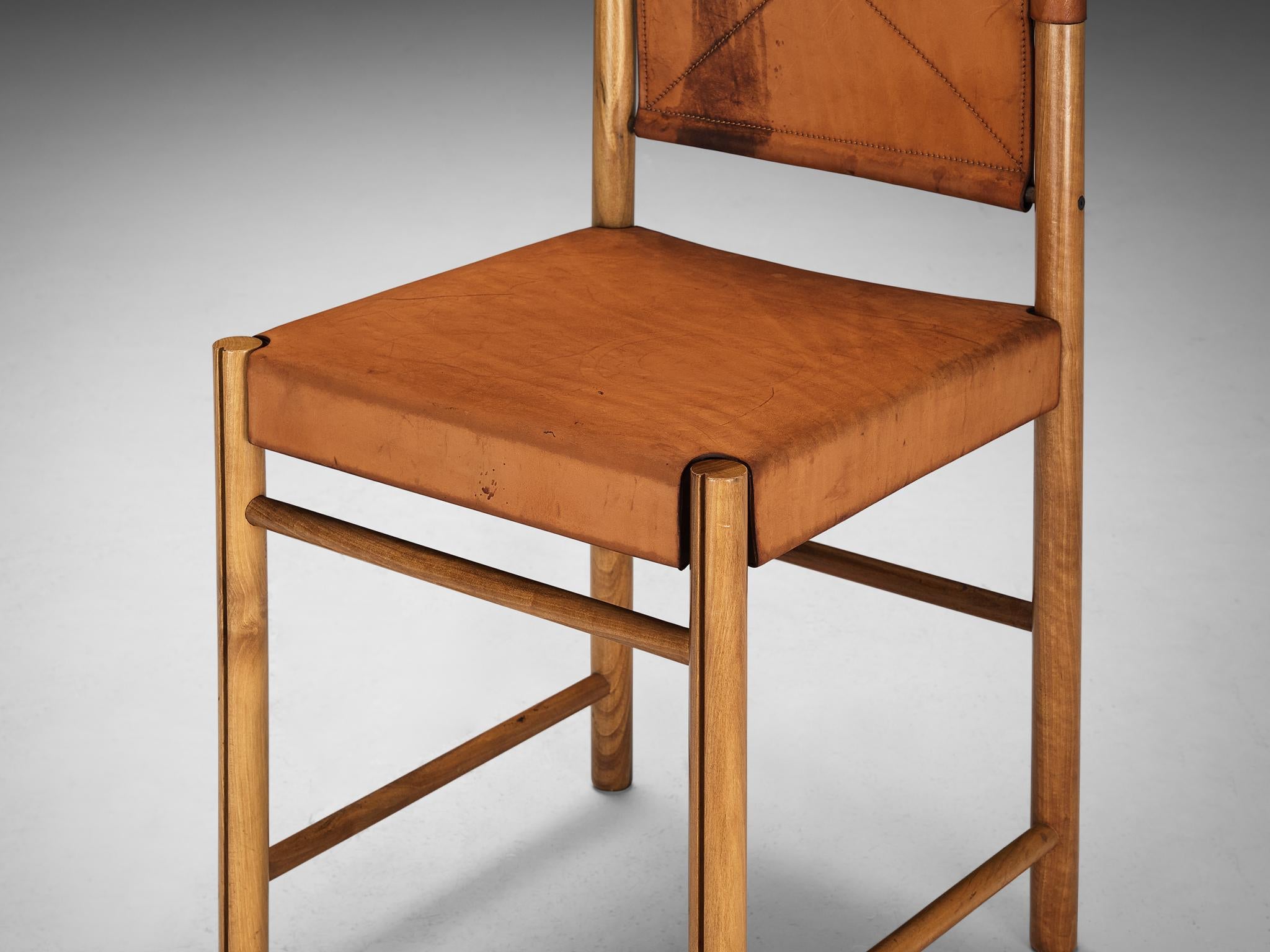 Italian Dining Chair in Cognac Saddle Leather and Walnut