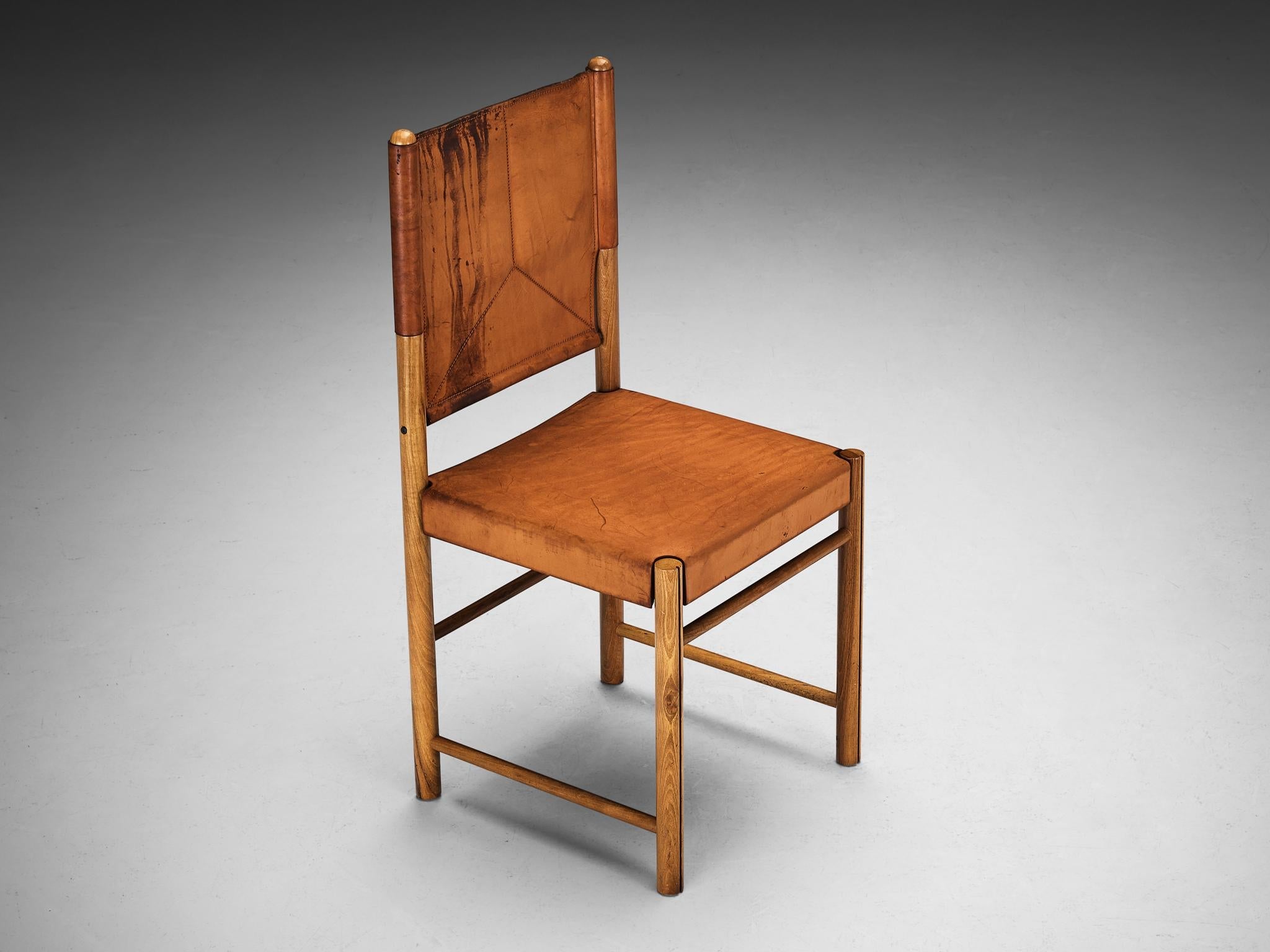 Italian Dining Chair in Cognac Saddle Leather and Walnut