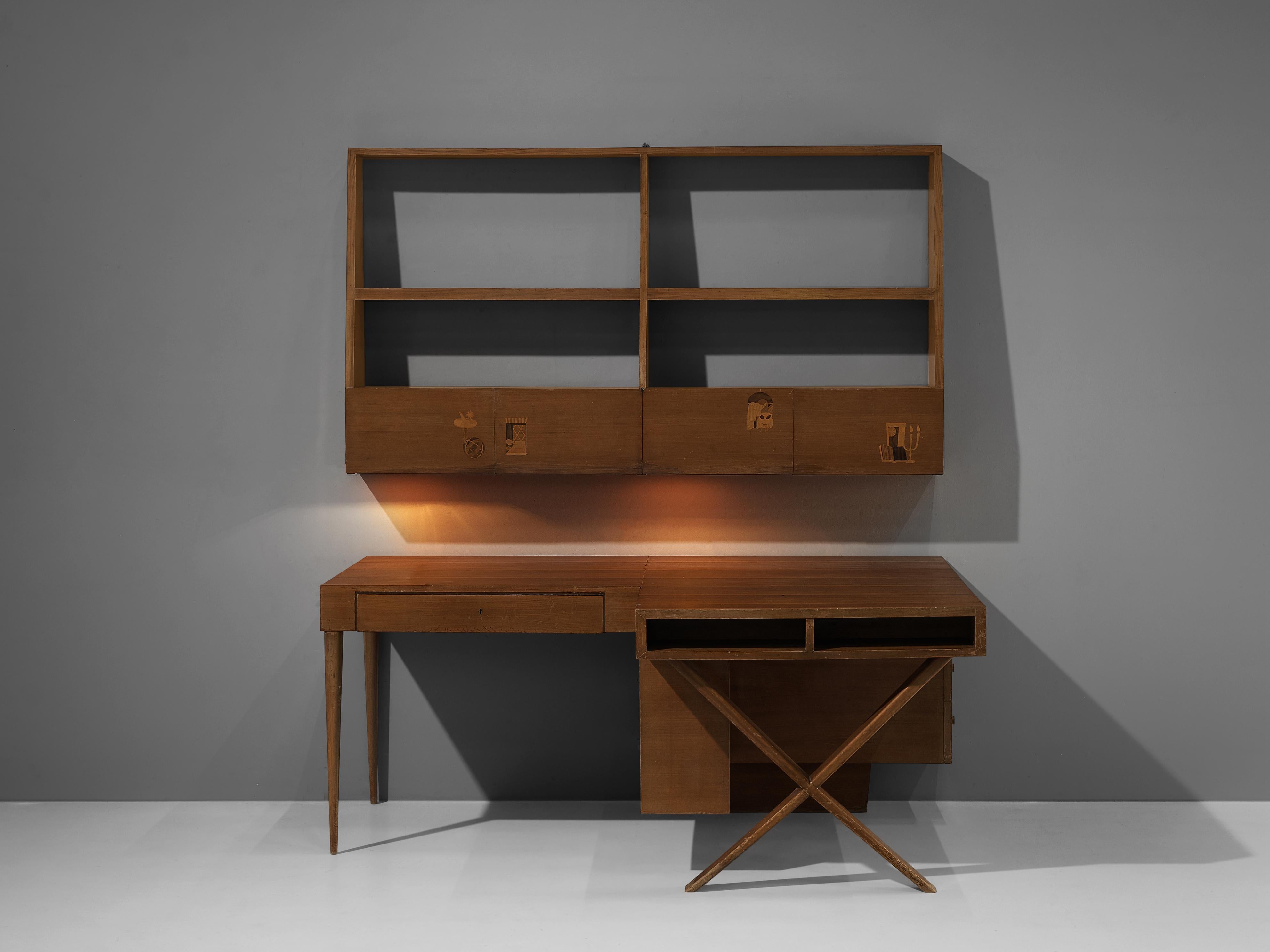 Unique Italian Double Desk with Wall-Shelf in Walnut with Marquetry