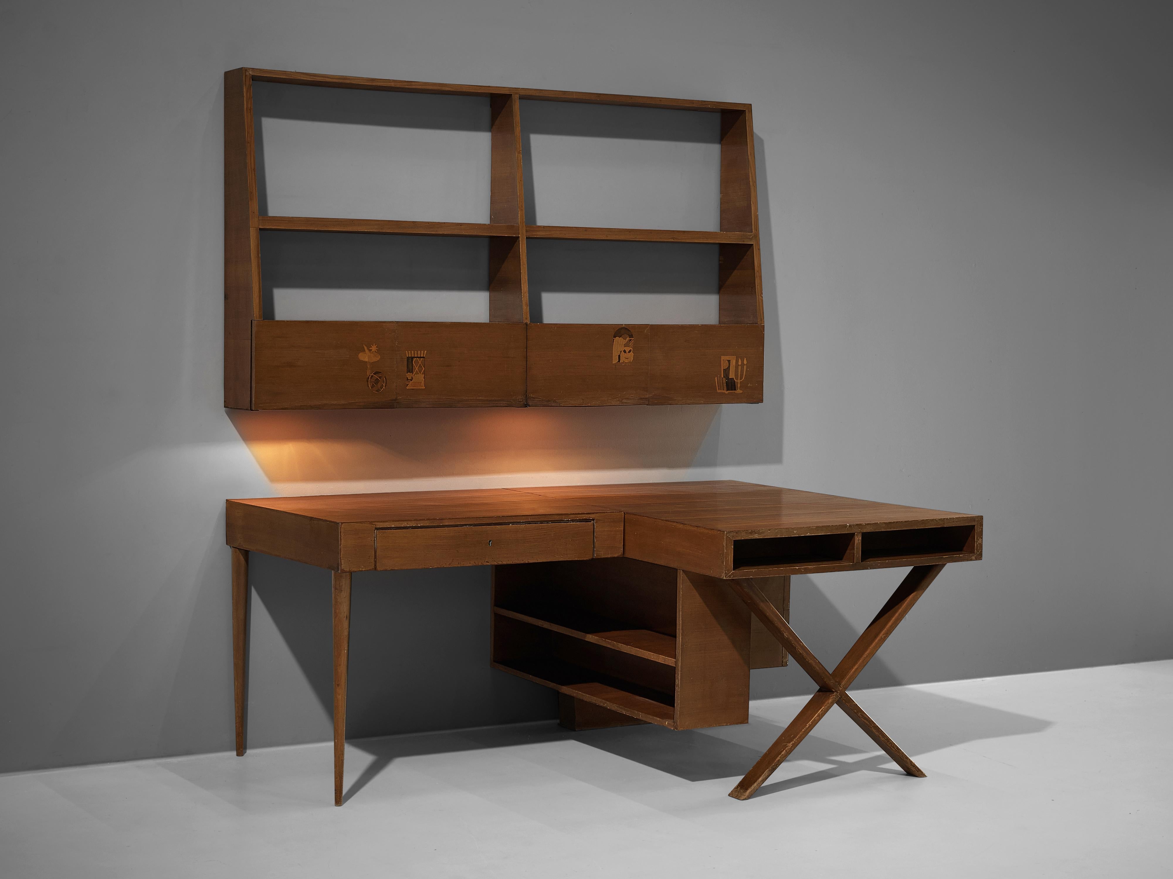 Unique Italian Double Desk with Wall-Shelf in Walnut with Marquetry