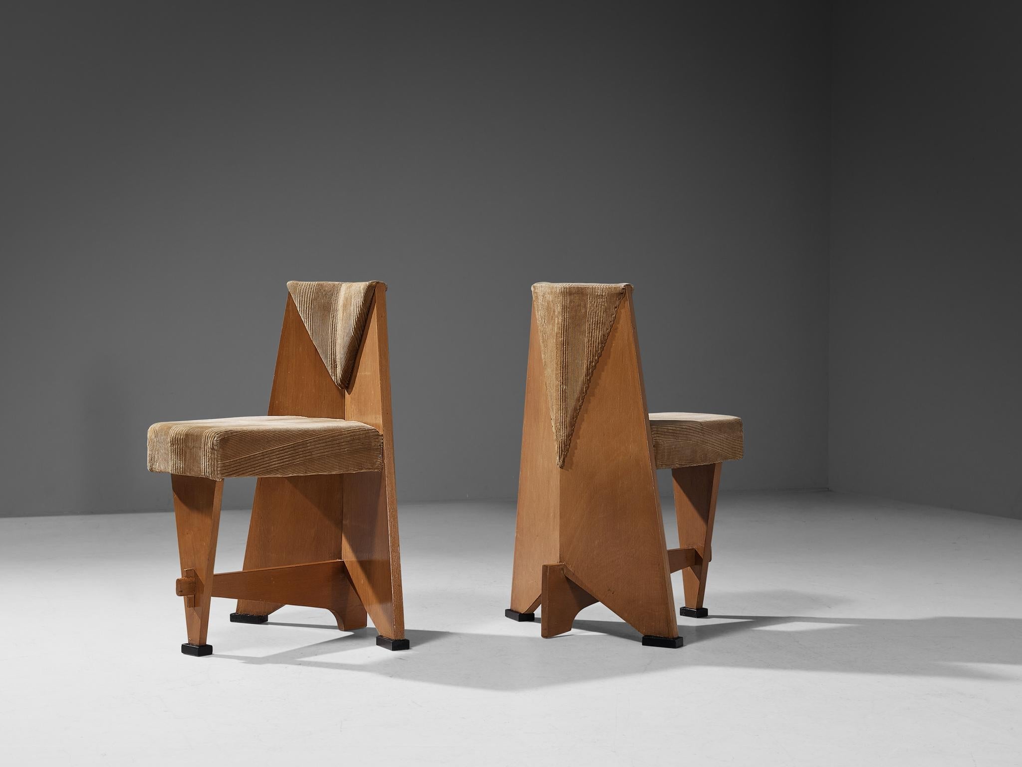 Laurens Groen Art Deco Chairs in Birch and Beige Velvet Upholstery