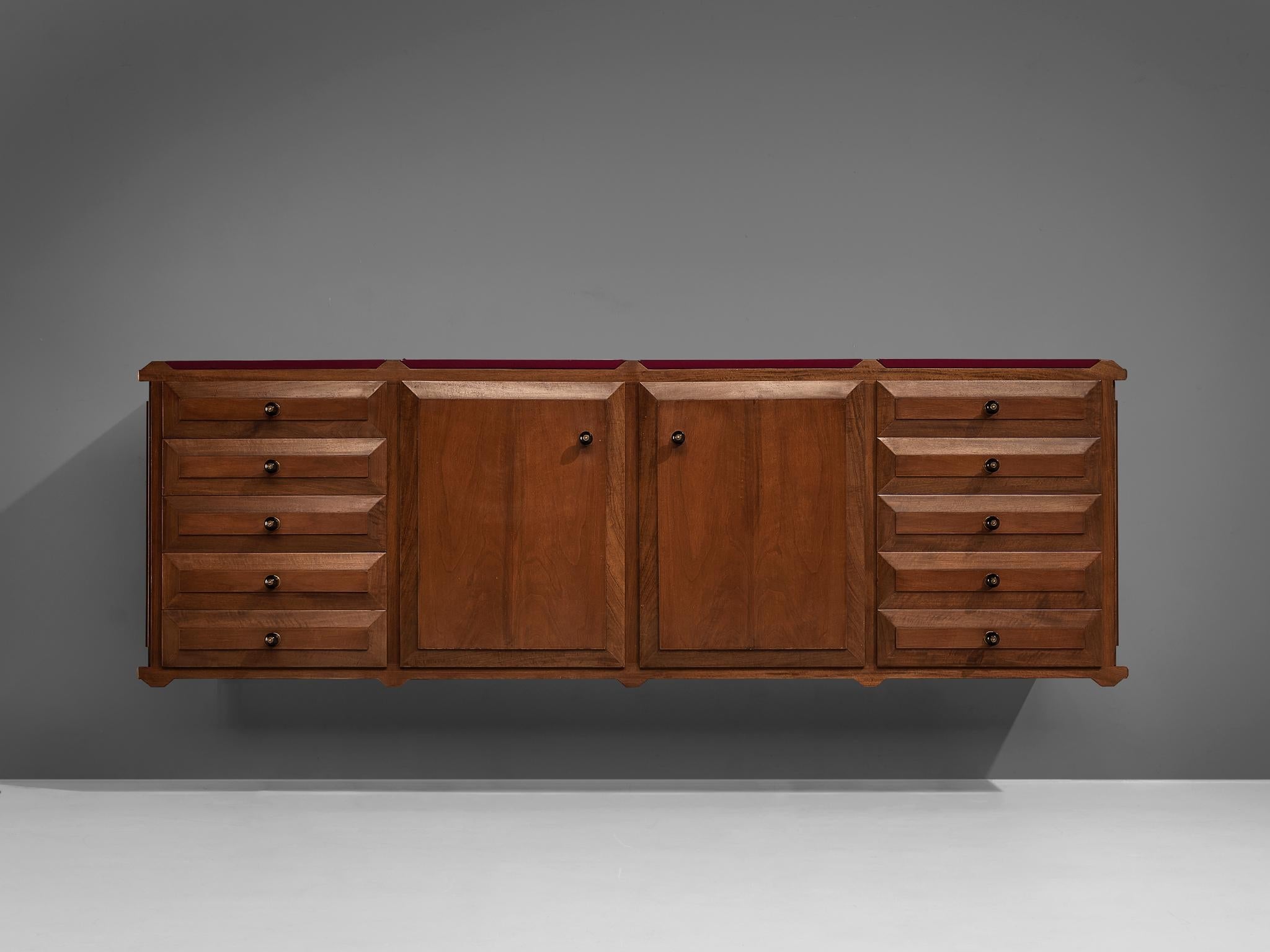 Italian Sideboard with Drawers in Walnut with Brass Handles