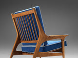 Eccentric Pair of Italian Lounge Chairs in Oak and Blue Upholstery