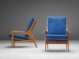 Eccentric Pair of Italian Lounge Chairs in Oak and Blue Upholstery