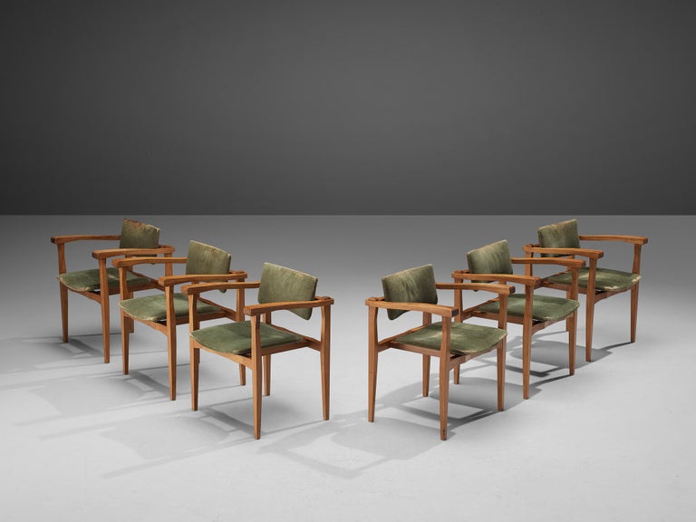 Italian Set of Six Armchairs in Walnut and Olive Green Velvet