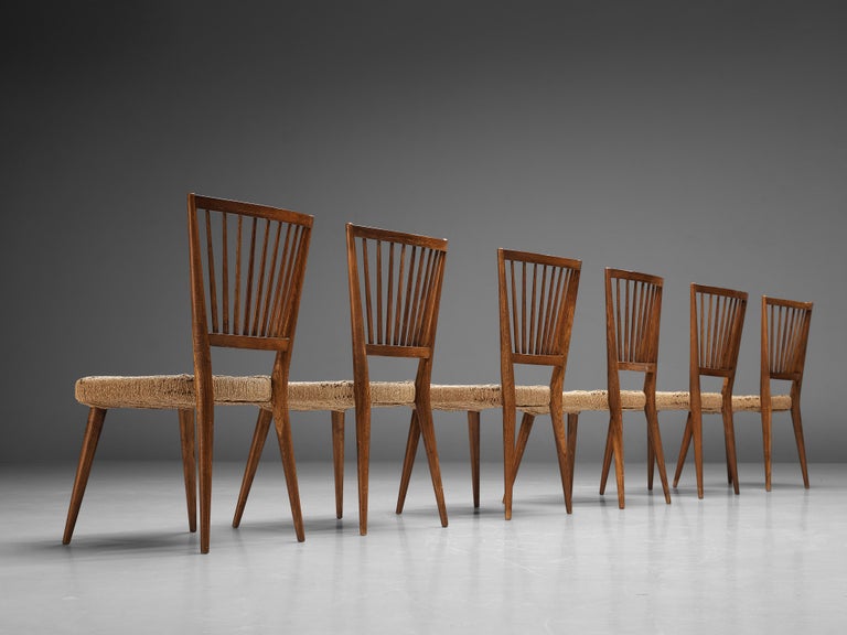Italian Set of Six Dining Chairs in Oak and Wicker Braided Straw