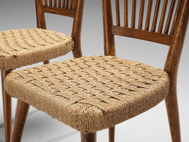 Italian Set of Six Dining Chairs in Oak and Wicker Braided Straw
