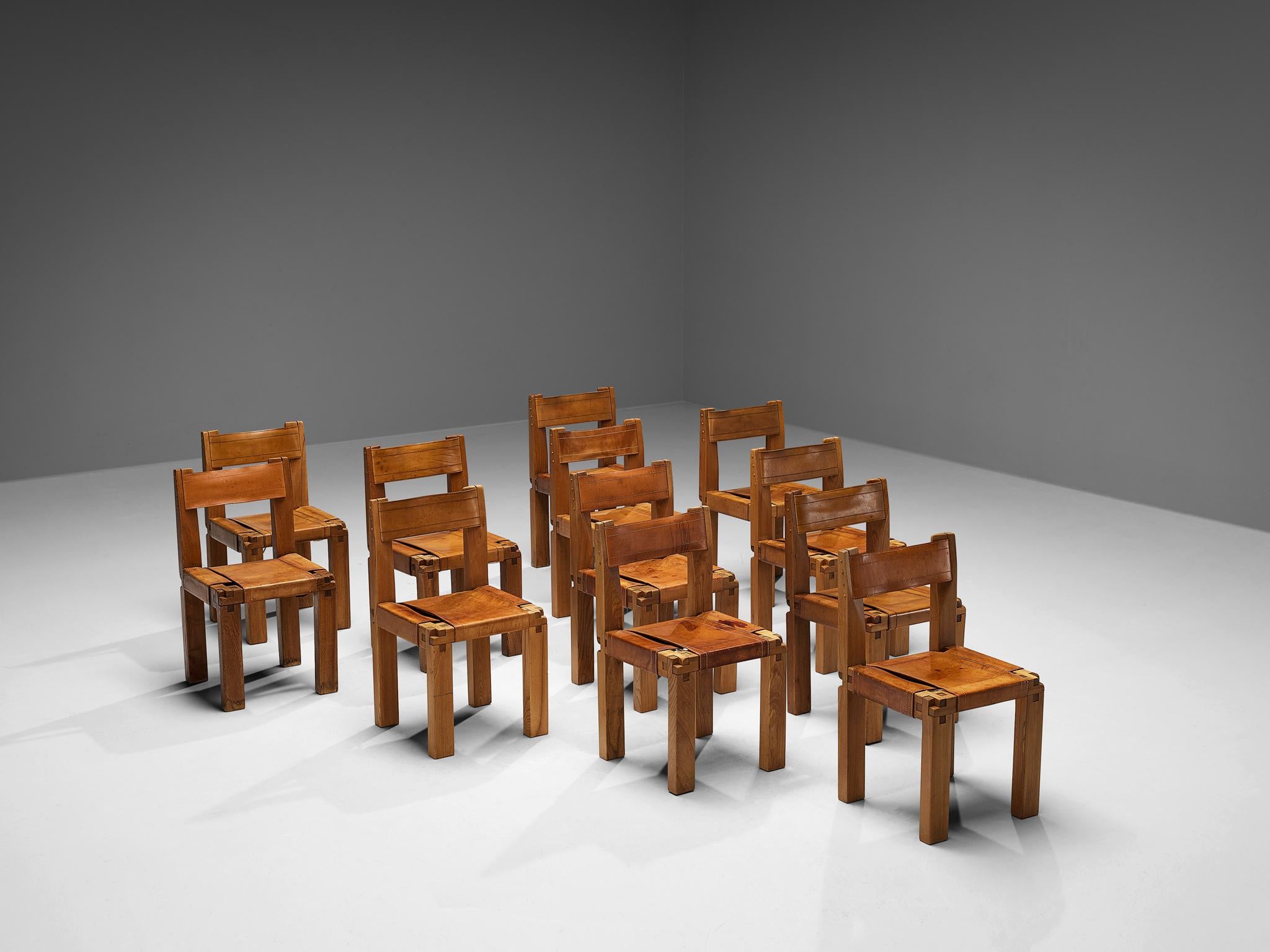 Early Pierre Chapo Set of Twelve S11 Dining Chairs in Elm & Cognac Leather