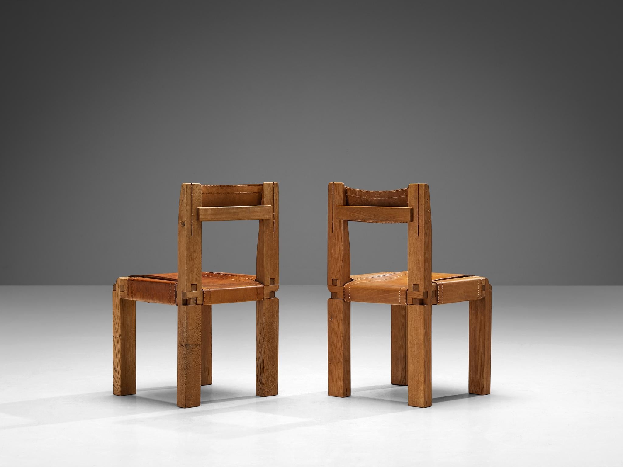 Early Pierre Chapo Set of Twelve S11 Dining Chairs in Elm & Cognac Leather