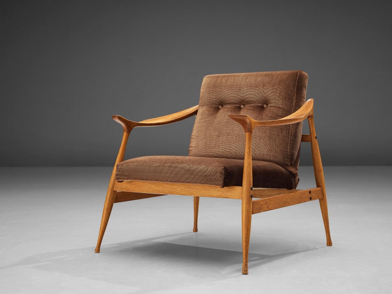 Fratelli Reguitti 'Lord' Lounge Chair in Walnut and Brown Velvet Upholstery
