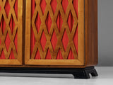 Italian Art Deco Highboard in Walnut and Red Upholstery