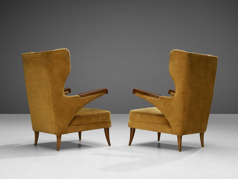 Pair of Italian Lounge Chairs in Ocher Yellow Velvet