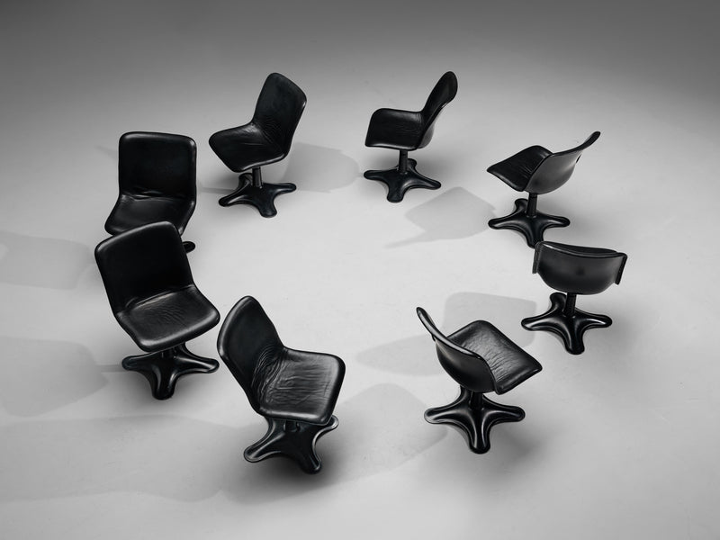 Yrjö Kukkapuro for Haimi Set of Eight Dining Chairs in Black Leather