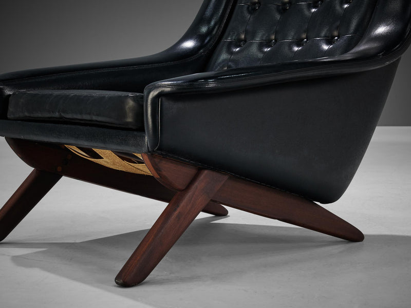 Pair of Illum Wikkelsø Easy Chairs in Black Leatherette and Teak