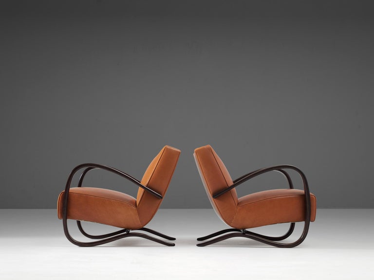 Jindrich Halabala Lounge Chairs in Cognac Brown Leather