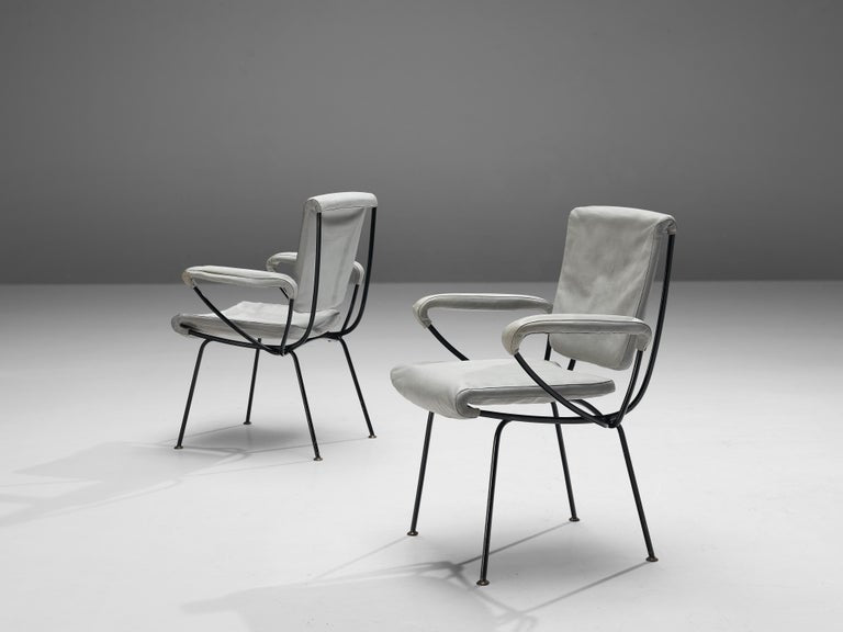 Gastone Rinaldi 'DU 24' Pair of Armchairs in Grey Leatherette and Metal