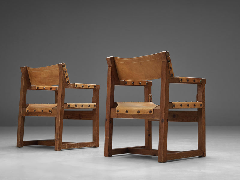 Pair of Brutalist Spanish Biosca Chairs in Leather