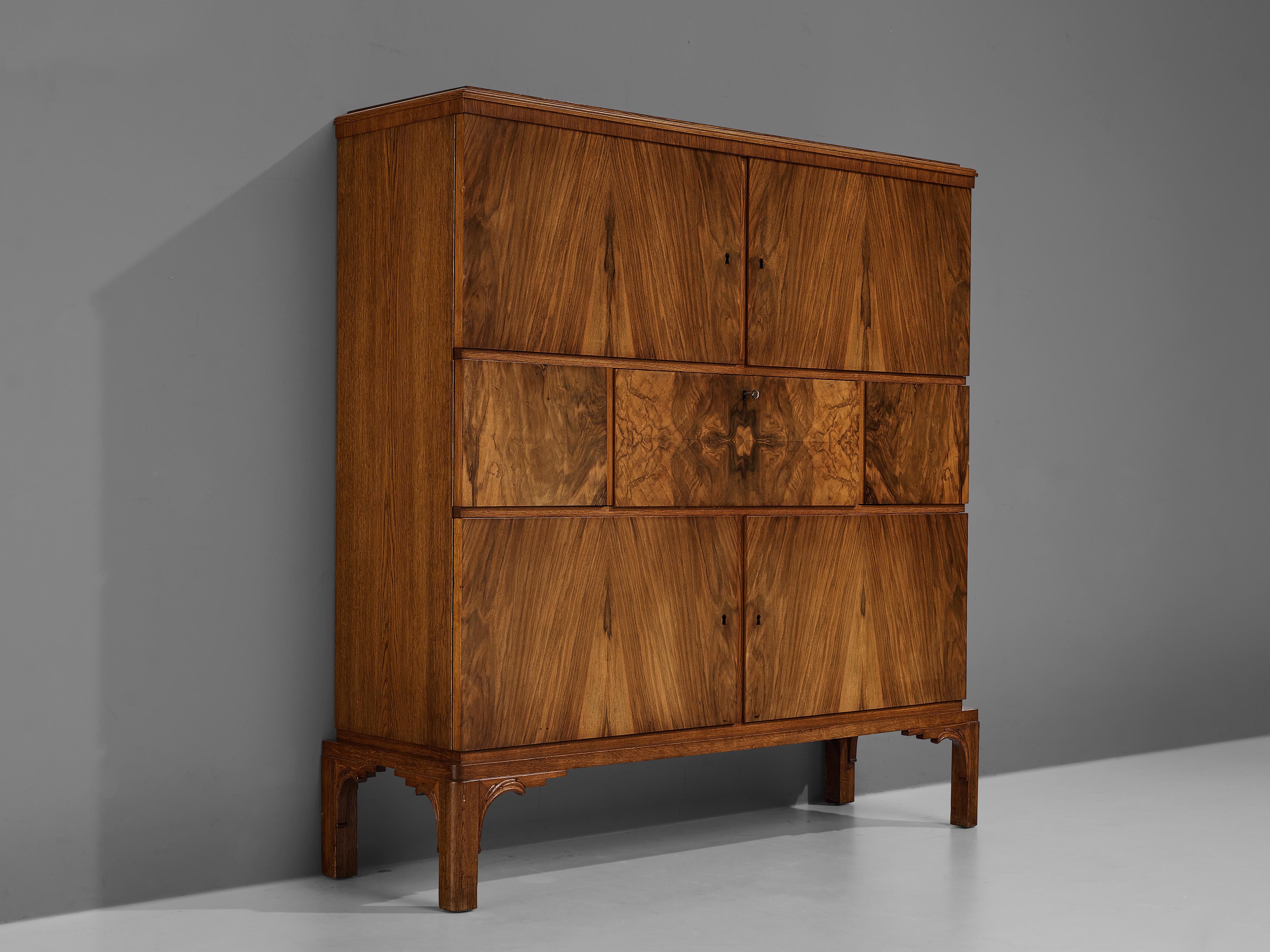 Swedish Art Deco Cabinet with Secretaire in Walnut Veneer and Oak