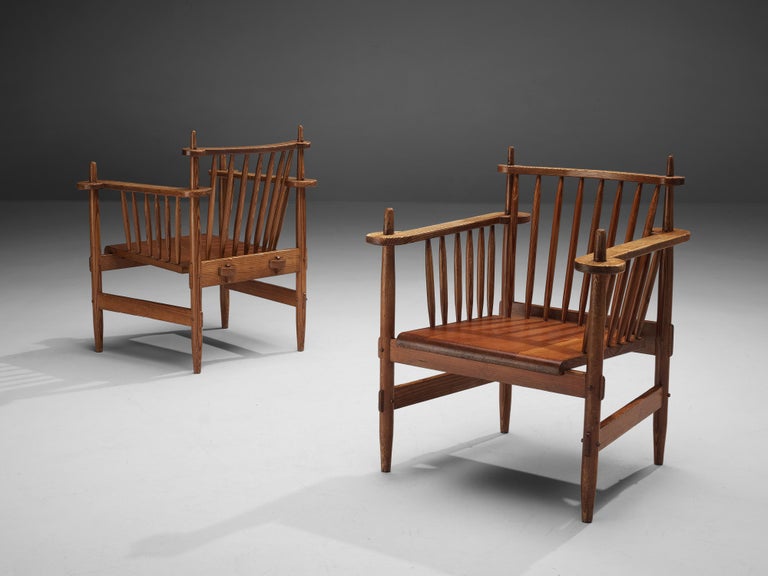 Dutch Pair of Brutalist Armchairs in Solid Pine