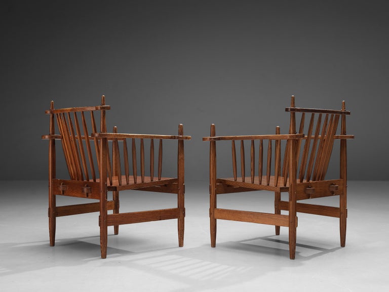 Dutch Pair of Brutalist Armchairs in Solid Pine