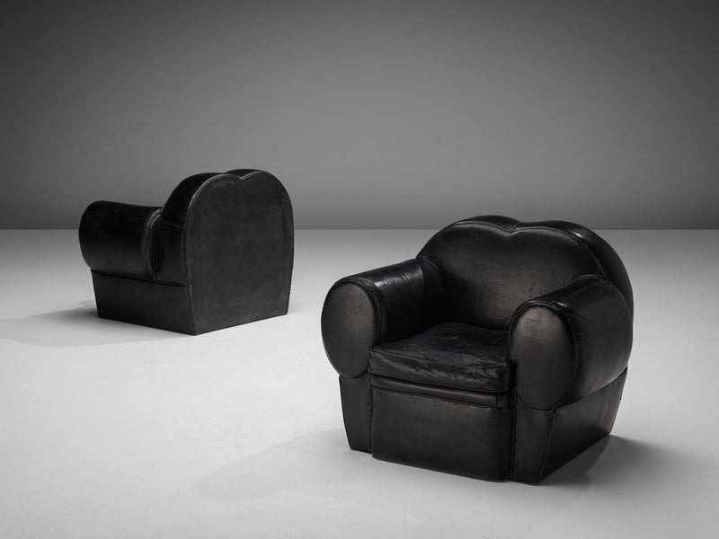 French Art Deco Pair of Lounge Chairs in Black Leather