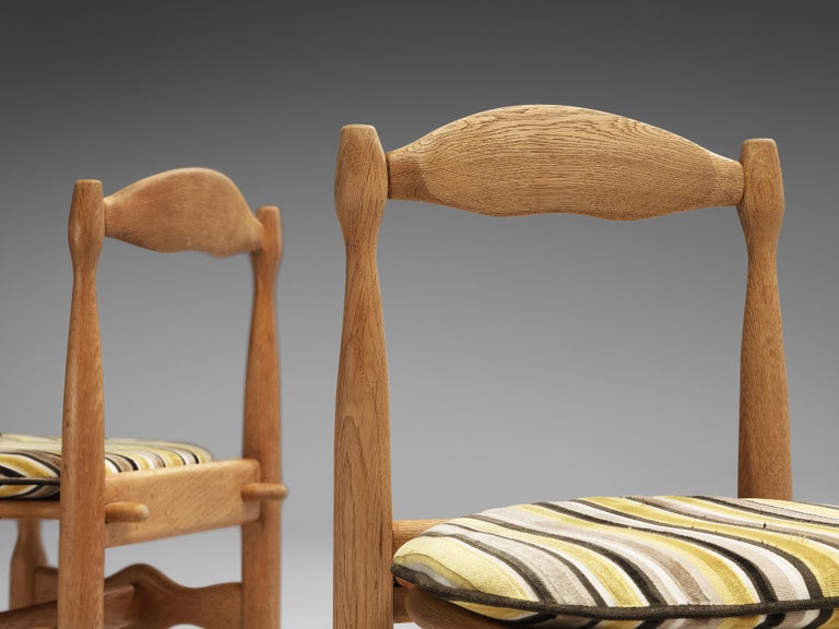 Guillerme & Chambron Set of Four Dining Chairs in Oak and Striped Fabric