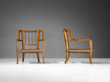 Italian Pair of Armchairs in Oak and Braided Straw