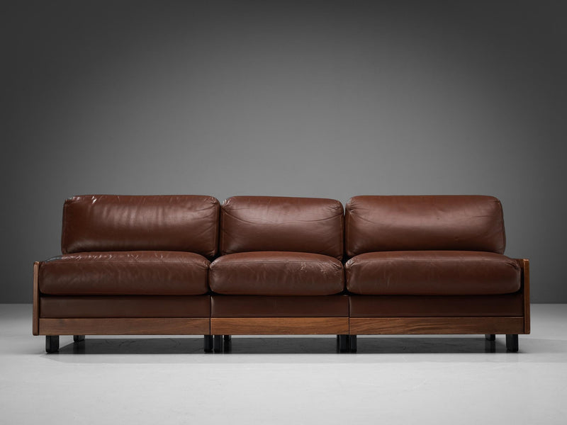 Afra & Tobia Scarpa for Cassina Sofa in Walnut and Brown Leather