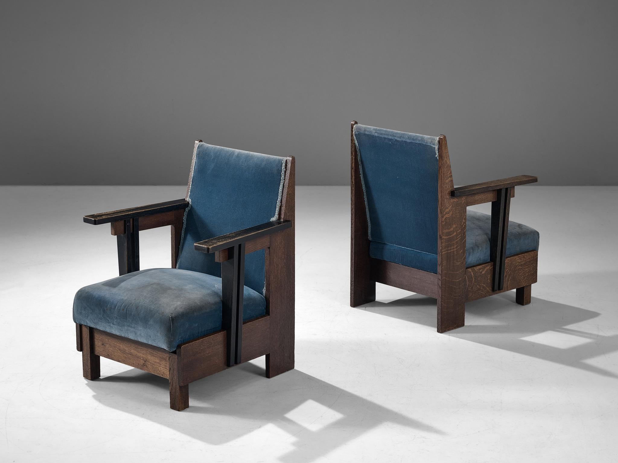 Dutch Art Deco Pair of Armchairs in Oak and Blue Velvet