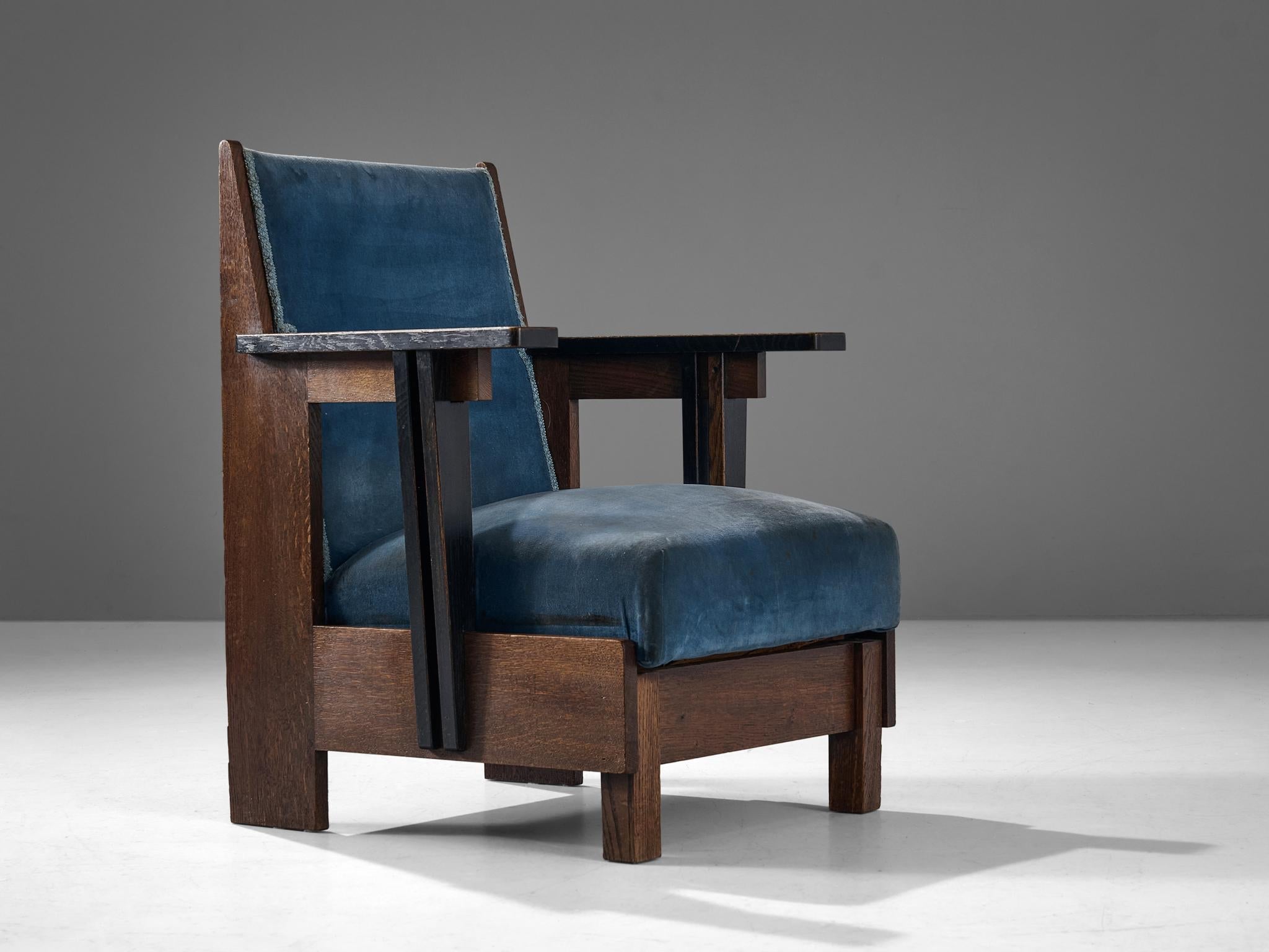 Dutch Art Deco Pair of Armchairs in Oak and Blue Velvet