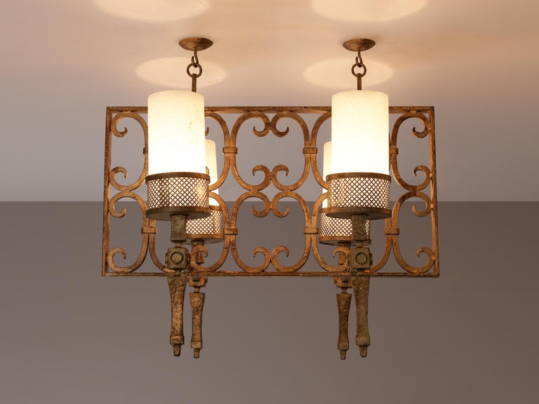 Spanish Chandelier in Wrought Iron and Glass